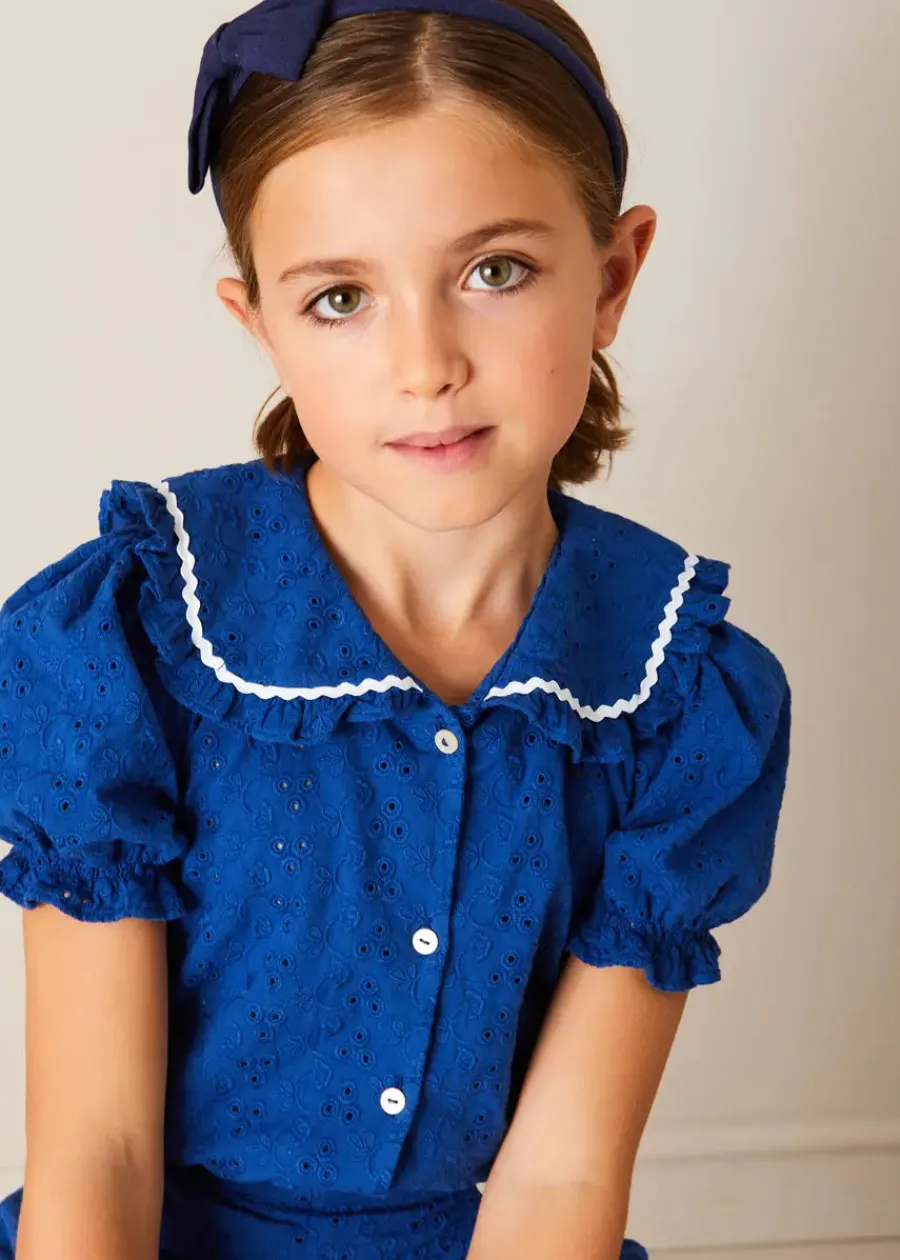 Pepa London Broderie Anglaise Statement Collar Short Sleeve Blouse in Blue (4-12yrs)