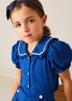 Pepa London Broderie Anglaise Statement Collar Short Sleeve Blouse in Blue (4-12yrs)