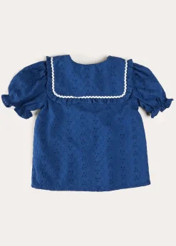 Pepa London Broderie Anglaise Statement Collar Short Sleeve Blouse in Blue (4-12yrs)