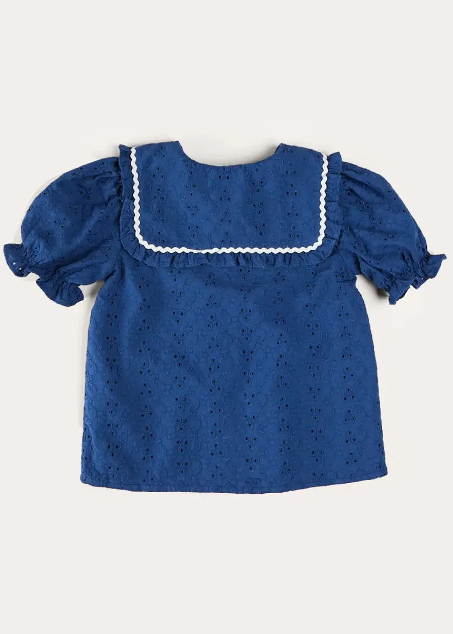 Pepa London Broderie Anglaise Statement Collar Short Sleeve Blouse in Blue (4-12yrs)