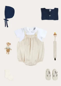 BOY Pepa London Brompton Stripe Romper in Beige (3mths-2yrs) | Openwork Knitted Bonnet in Navy (S-L) | Plain Cardigan in Navy (6mths-10yrs) | Peter Pan Collar Bodysuit in White (0mths-3yrs) | T-Bar Leather Pram Shoes in Ivory (17-20EU) | Ribbed Short Socks in Beige (0mths-10yrs) | Waterford Striped Dummy Clip in Beige | BIBS Dummy in Ivory