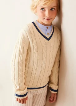 BOY Pepa London Cable Knit V-Neck Jumper in Cream (4-10yrs)