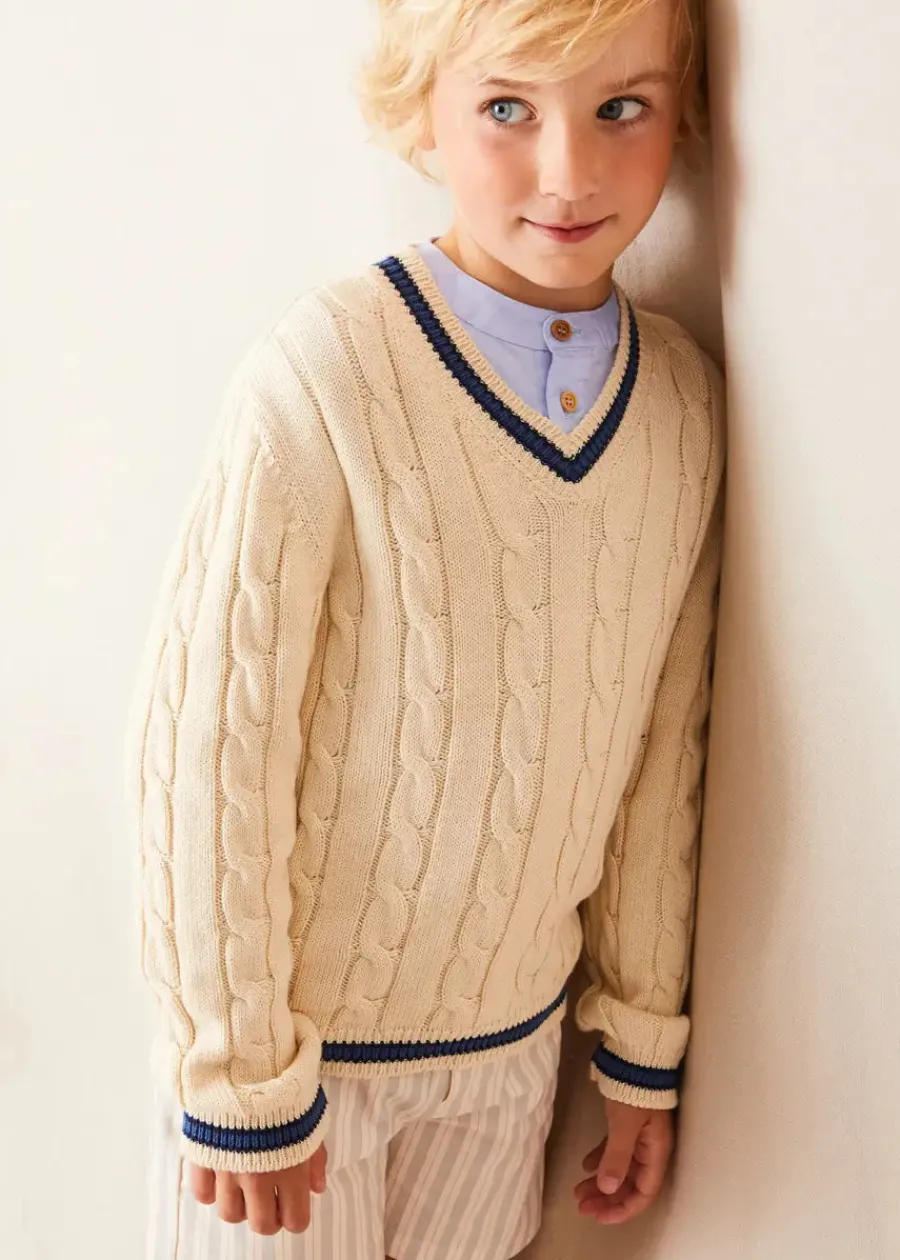 BOY Pepa London Cable Knit V-Neck Jumper in Cream (4-10yrs)