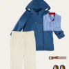 BOY Pepa London Carlisle Gingham Polo Collar Long Sleeve Shirt in Blue (4-10yrs) | Plain Pocket Detail Trousers in White (4-10yrs) | Double Breasted Coat With Detachable Hood in Blue (18mths-10yrs) | Suede Loafers in French Blue (25-34EU) | Beige Striped Belt