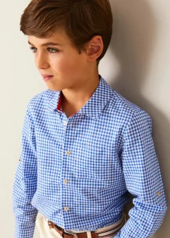 BOY Pepa London Carlisle Gingham Polo Collar Long Sleeve Shirt in Blue (4-10yrs)