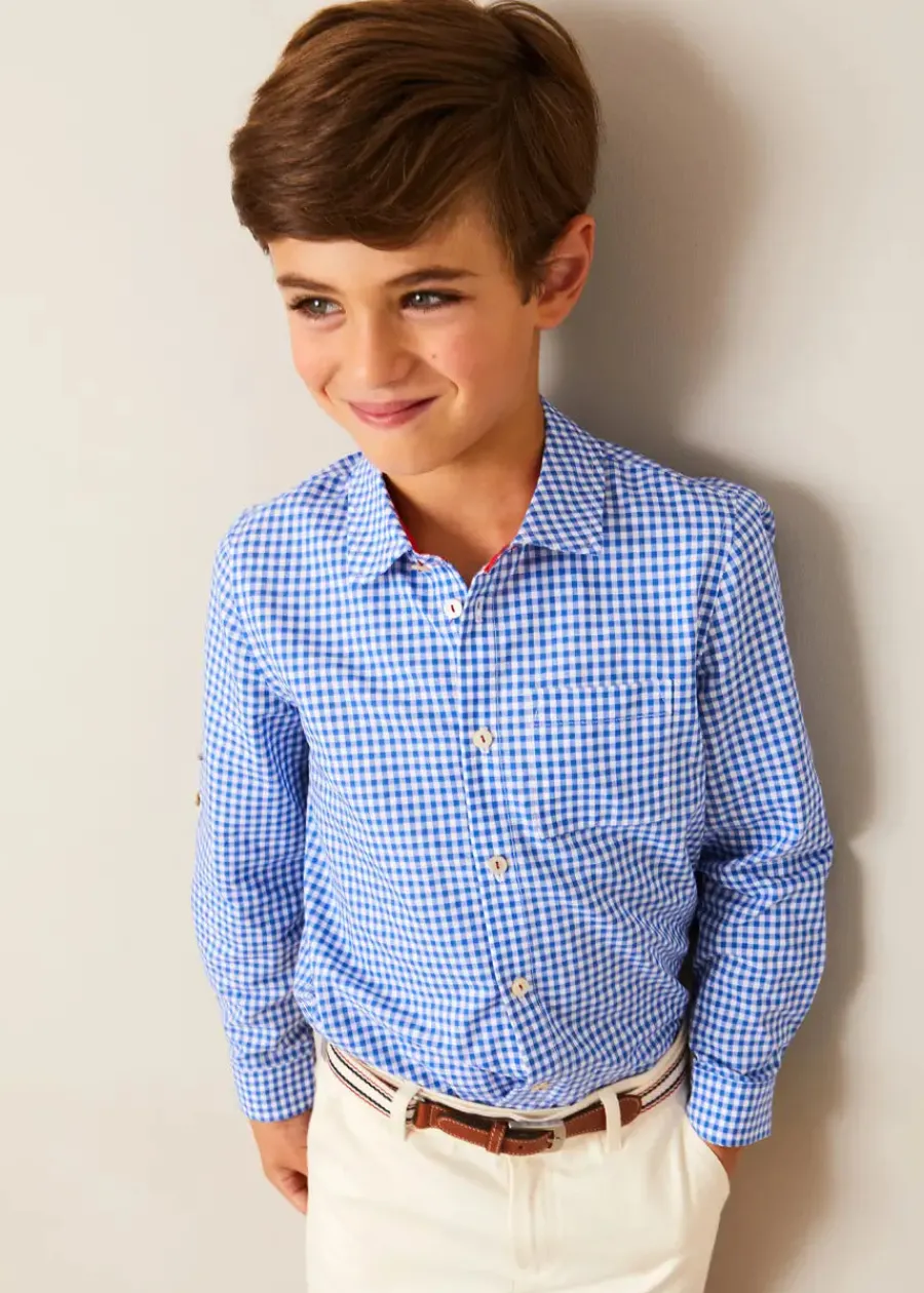 BOY Pepa London Carlisle Gingham Polo Collar Long Sleeve Shirt in Blue (4-10yrs)