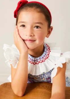 Pepa London Charlotte Floral Hand Smocked Sleeveless Dress in Blue (12mths-10yrs) | Openwork Cotton Cardigan in Cream (6mths-10yrs) | Girls Ivory Leather Mary Jane Shoes (20-34EU) | Plain Linen Hairband in Red | Openwork short socks White (0mths-8yrs)