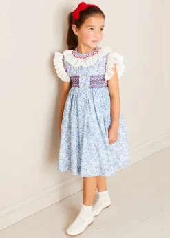 Pepa London Charlotte Floral Hand Smocked Sleeveless Dress in Blue (12mths-10yrs)