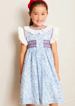 Pepa London Charlotte Floral Hand Smocked Sleeveless Dress in Blue (12mths-10yrs)