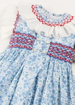 Pepa London Charlotte Floral Hand Smocked Sleeveless Dress in Blue (12mths-10yrs)