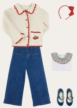 Pepa London Cherry Motif Crochet Cardigan in Beige (2-10yrs) | Soft Denim Wide Leg Trousers in Denim Blue (3-10yrs) | Evelyn Floral Ruffle Collar Top in Red (2-10yrs) | Plain Linen Hairband in Red | Openwork short socks White (0mths-8yrs)