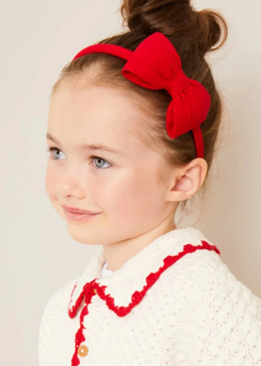 Pepa London Cherry Motif Crochet Cardigan in Beige (2-10yrs) | Soft Denim Wide Leg Trousers in Denim Blue (3-10yrs) | Evelyn Floral Ruffle Collar Top in Red (2-10yrs) | Plain Linen Hairband in Red | Openwork short socks White (0mths-8yrs)