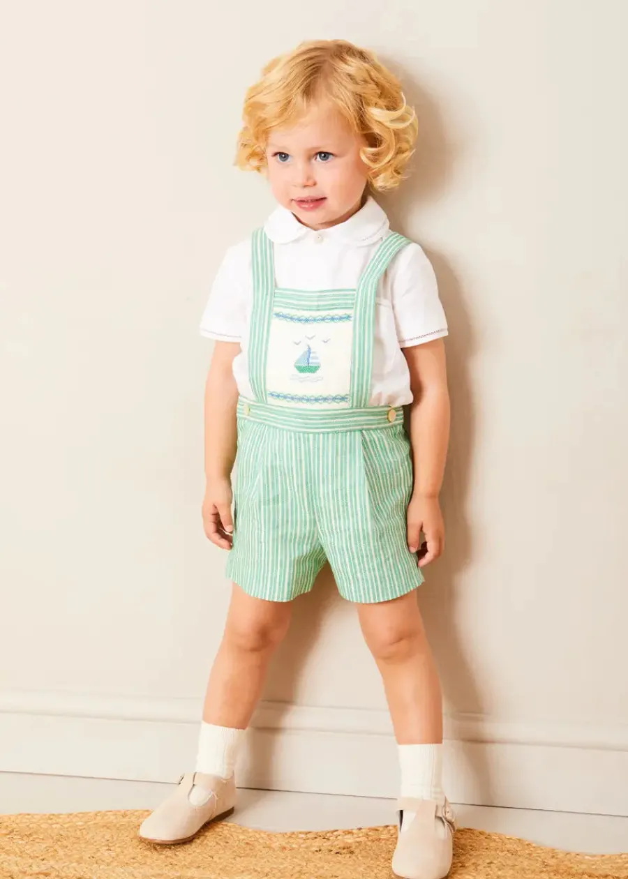 BOY Pepa London Cheyne Striped Boat Embroidery Dungarees in Green (18mths-4yrs) | Peter Pan Collar Trim Detail Short Sleeve Shirt in White (12mths-5yrs) | Plain Cardigan in Cream (6mths-10yrs) | T-Bar Suede Baby Shoes in Beige (20-24EU) | Ribbed Short Socks in Beige (0mths-10yrs)