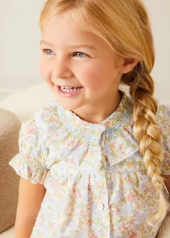 Pepa London Clara Floral Ruffle Collar Short Sleeve Pyjamas in Green (18mths-10yrs) | Clara Floral Bow Detail Dressing Gown in Green (18mths-10yrs) | Linen Slippers With Contrast Piping in Cream (24-35EU) | White Teddy Bear (100% Alpaca Fur) | Flower Fairies of the Summer Book in White