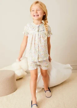 Pepa London Clara Floral Ruffle Collar Short Sleeve Pyjamas in Green (18mths-10yrs) | Clara Floral Bow Detail Dressing Gown in Green (18mths-10yrs) | Linen Slippers With Contrast Piping in Cream (24-35EU) | White Teddy Bear (100% Alpaca Fur) | Flower Fairies of the Summer Book in White