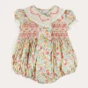 Pepa London Clementine Floral Hand Smocked Double Breasted Short Sleeve Romper in Coral (6mths-3yrs)