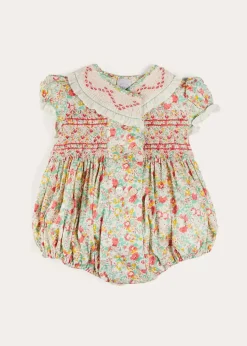 Pepa London Clementine Floral Hand Smocked Double Breasted Short Sleeve Romper in Coral (6mths-3yrs)