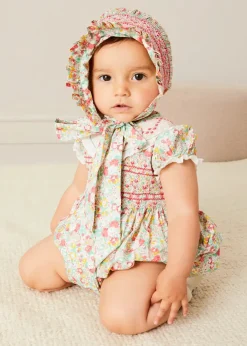 Pepa London Clementine Floral Hand Smocked Double Breasted Short Sleeve Romper in Coral (6mths-3yrs)