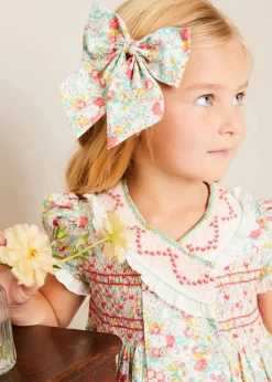 Pepa London Clementine Floral Hand Smocked Double Breasted Short Sleeve Dress in Coral (12mths-10yrs)