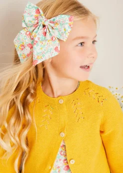 Pepa London Clementine Floral Hand Smocked Double Breasted Short Sleeve Dress in Coral (12mths-10yrs) | Mary Jane Leather Baby Shoes in Ivory (20-24EU) | Clementine Floral Long Bow Hair Clip in Coral | Openwork short socks White (0mths-8yrs)