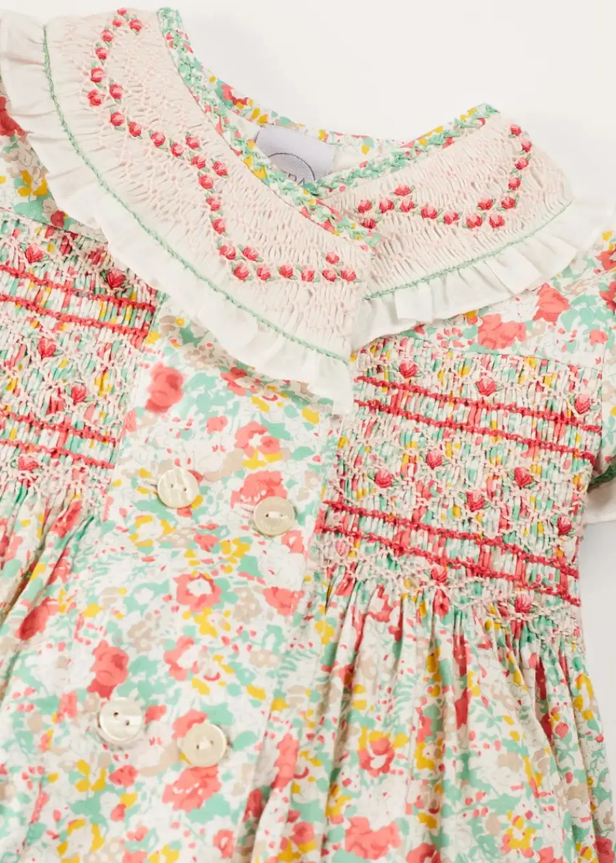 Pepa London Clementine Floral Hand Smocked Double Breasted Short Sleeve Romper in Coral (6mths-3yrs)