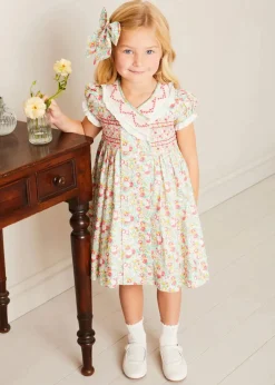 Pepa London Clementine Floral Hand Smocked Double Breasted Short Sleeve Dress in Coral (12mths-10yrs)