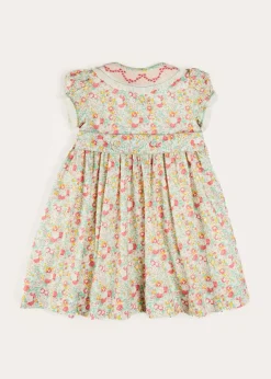 Pepa London Clementine Floral Hand Smocked Double Breasted Short Sleeve Dress in Coral (12mths-10yrs)