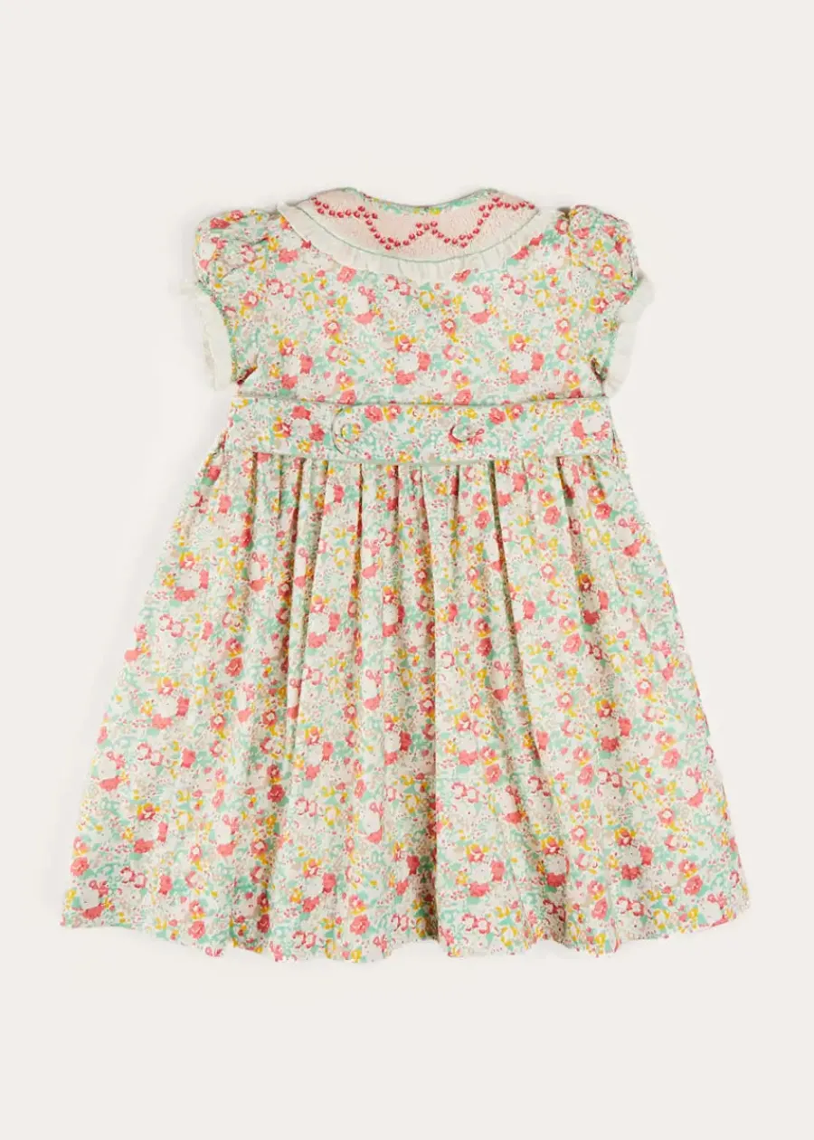 Pepa London Clementine Floral Hand Smocked Double Breasted Short Sleeve Dress in Coral (12mths-10yrs)