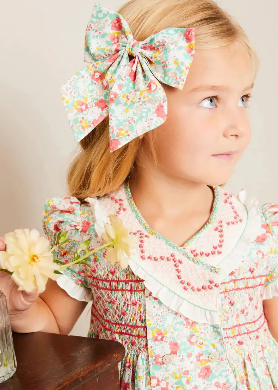 BOY Pepa London Clementine Floral Long Bow Hair Clip in Coral