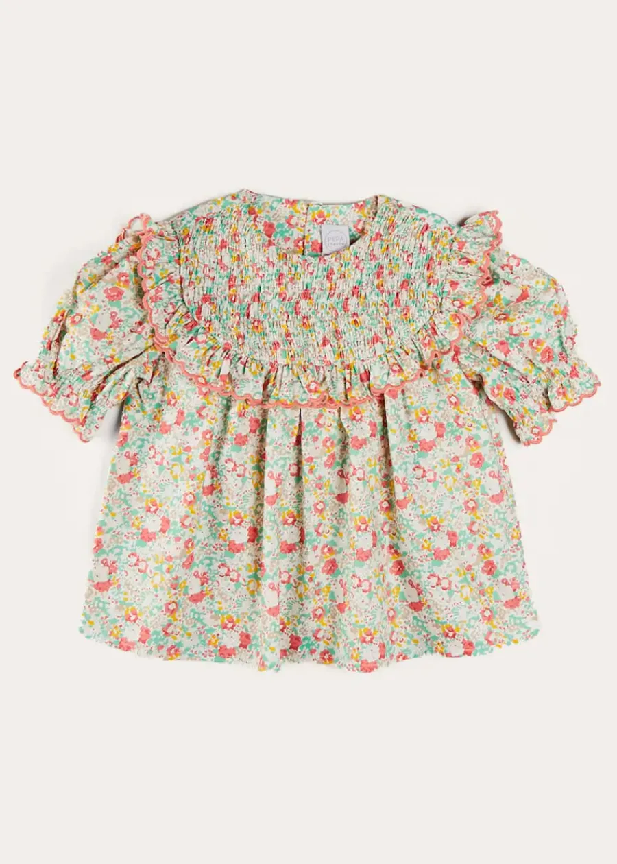 Pepa London Clementine Floral Smock Detail Short Sleeve Blouse in Coral (2-12yrs)