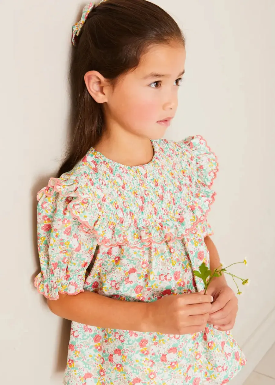 Pepa London Clementine Floral Smock Detail Short Sleeve Blouse in Coral (2-12yrs)