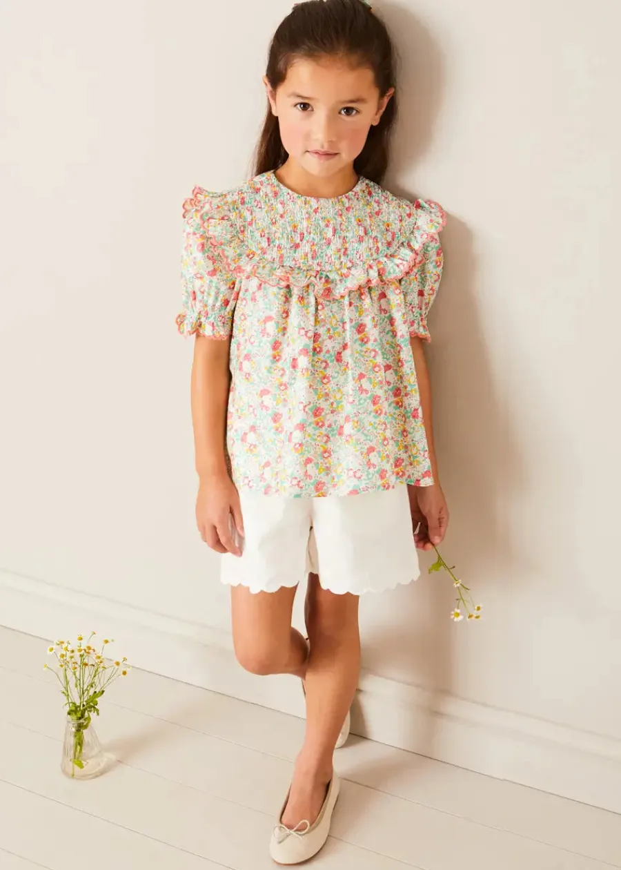 Pepa London Clementine Floral Smock Detail Short Sleeve Blouse in Coral (2-12yrs)