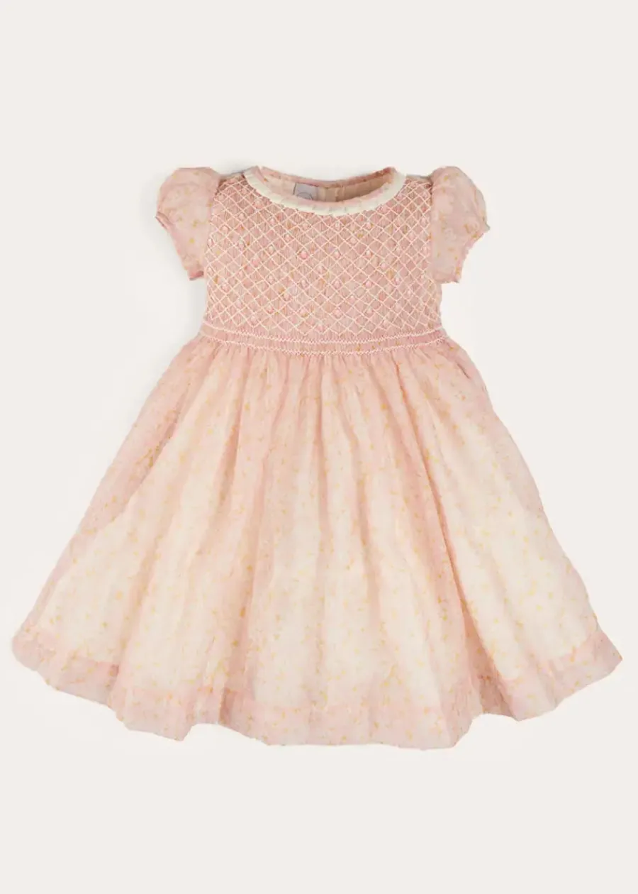 Pepa London Constance Floral Hand Smocked Short Sleeve Party Dress in Pink (12mths-10yrs)