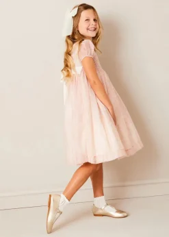 Pepa London Constance Floral Hand Smocked Short Sleeve Party Dress in Pink (12mths-10yrs)