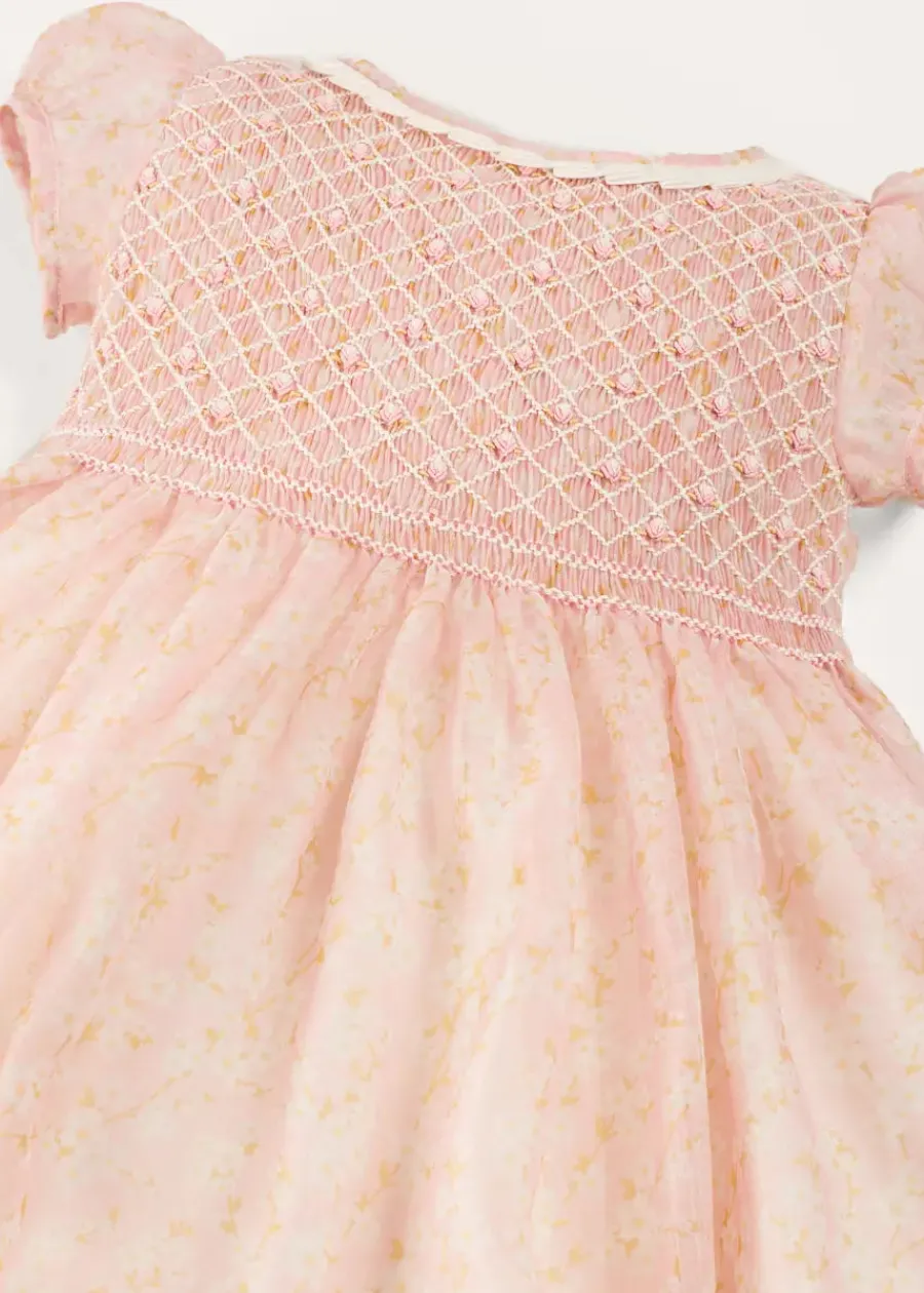 Pepa London Constance Floral Hand Smocked Short Sleeve Party Dress in Pink (12mths-10yrs)