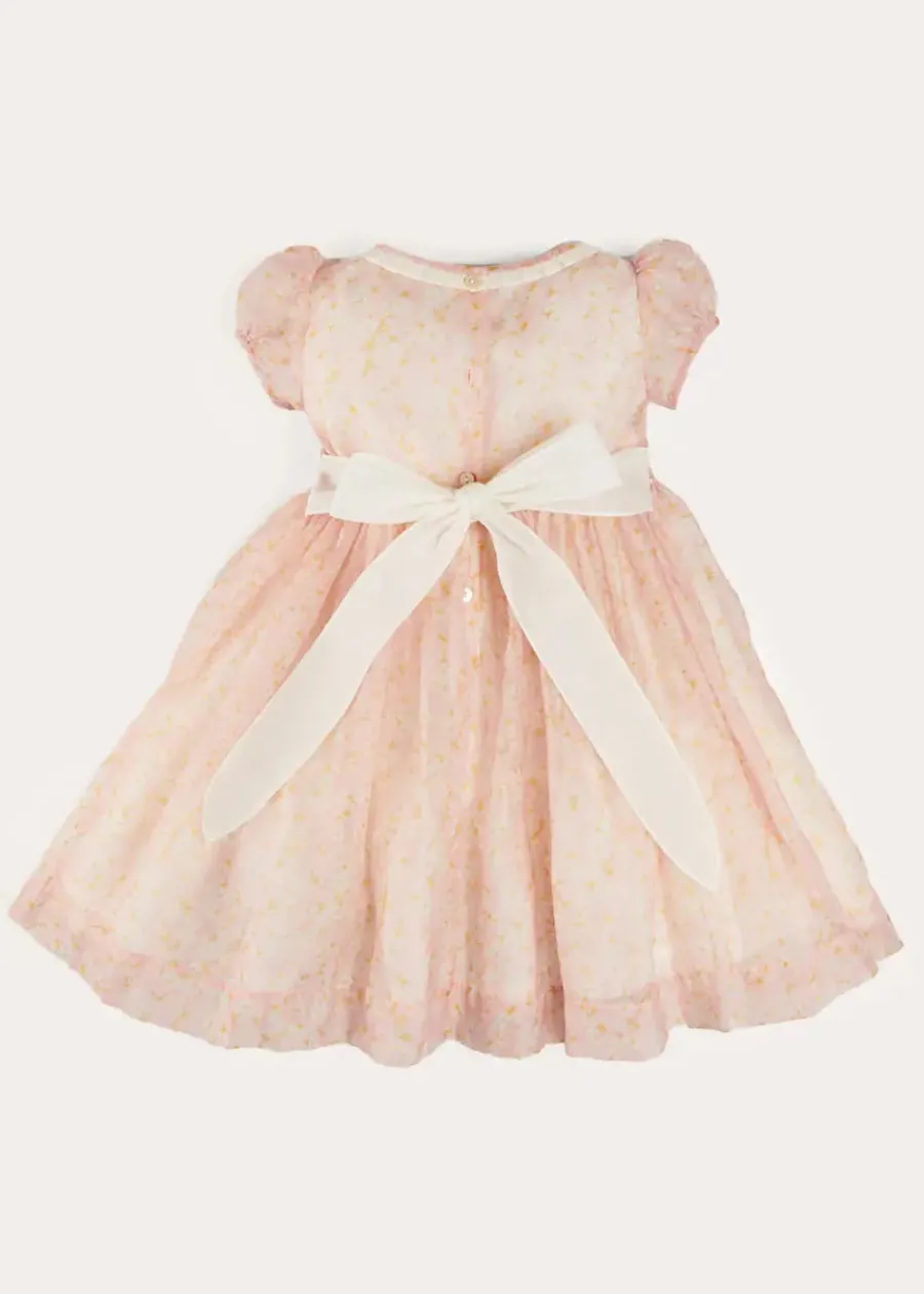 Pepa London Constance Floral Hand Smocked Short Sleeve Party Dress in Pink (12mths-10yrs)