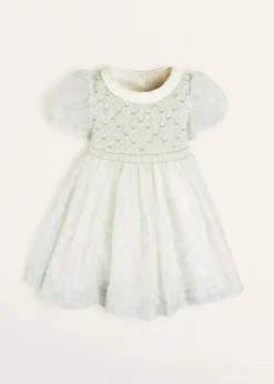 Pepa London Constance Floral Print Hand Smocked Short Sleeve Party Dress in Light Green (12m-10yrs)