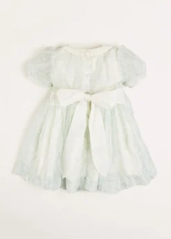 Pepa London Constance Floral Print Hand Smocked Short Sleeve Party Dress in Light Green (12m-10yrs)