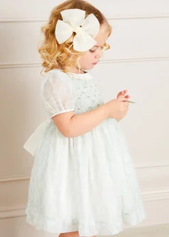 Pepa London Constance Floral Print Hand Smocked Short Sleeve Party Dress in Light Green (12m-10yrs)