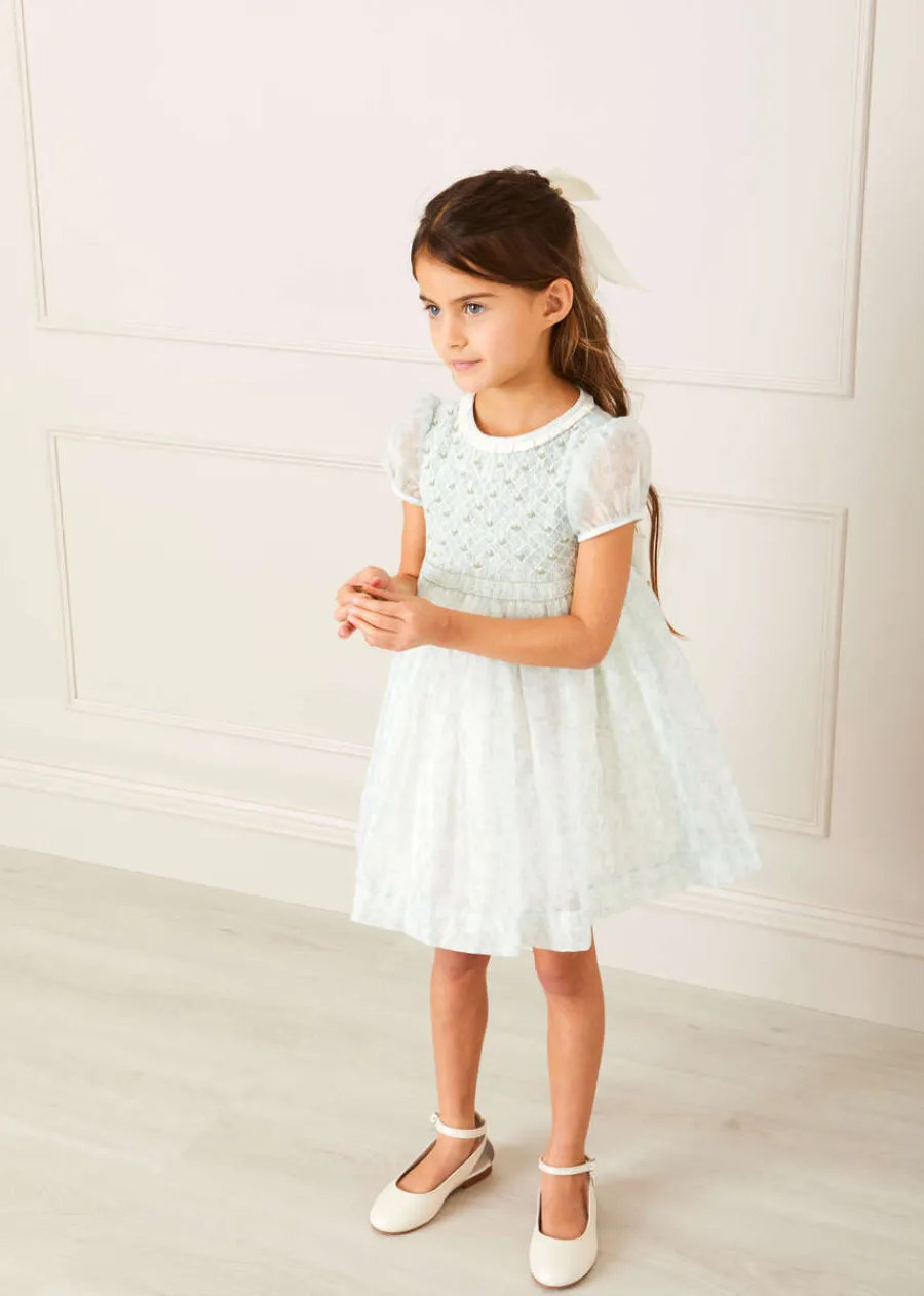 Pepa London Constance Floral Print Hand Smocked Short Sleeve Party Dress in Light Green (12m-10yrs)
