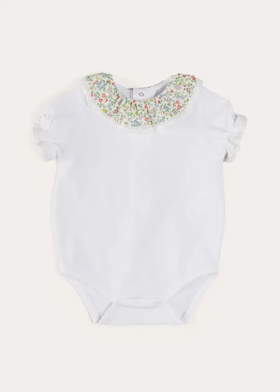 Pepa London Cordelia Embroidered Double Collar Bodysuit in Pink Made with Liberty Fabric (1m-3yrs)