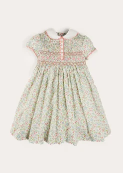 Pepa London Cordelia Floral Hand-Smocked Short Sleeve Dress in Pink Made with Liberty Fabric (12m-6yrs)