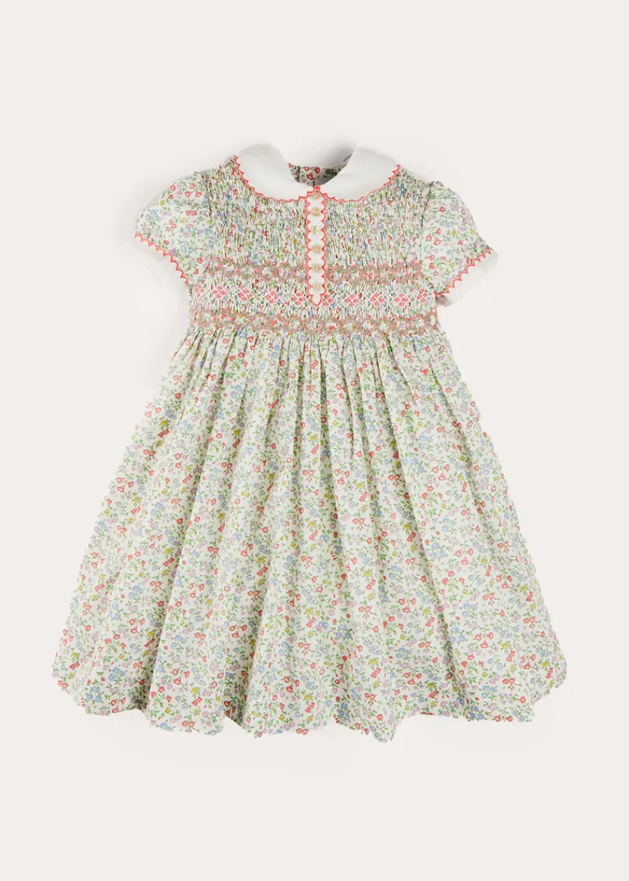 Pepa London Cordelia Floral Hand-Smocked Short Sleeve Dress in Pink Made with Liberty Fabric (12m-6yrs)
