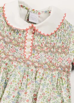 Pepa London Cordelia Floral Hand-Smocked Short Sleeve Romper in Pink Made with Liberty Fabric (3m-2yrs)