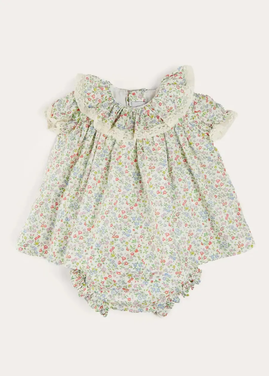 Pepa London Cordelia Floral Ruffle Collar Short Sleeve Dress in Green Made with Liberty Fabric (1-12m)