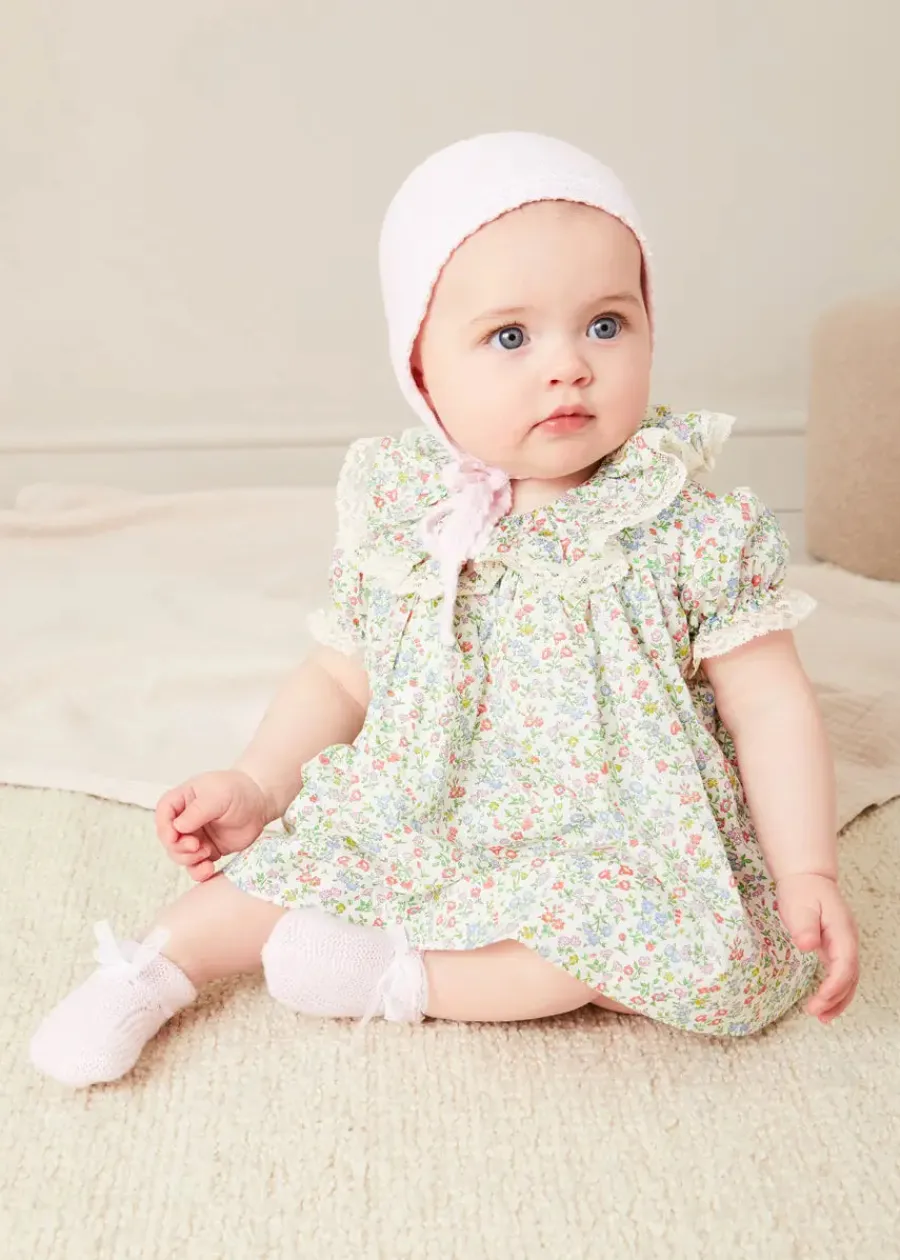 Pepa London Cordelia Floral Ruffle Collar Short Sleeve Dress in Green Made with Liberty Fabric (1-12m)