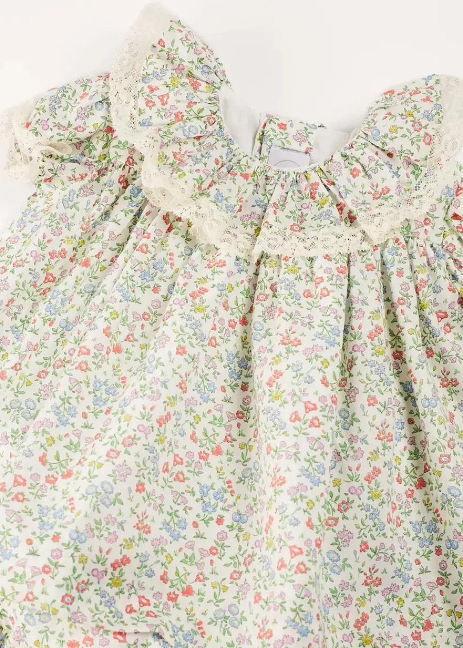 Pepa London Cordelia Floral Ruffle Collar Short Sleeve Dress in Green Made with Liberty Fabric (1-12m)