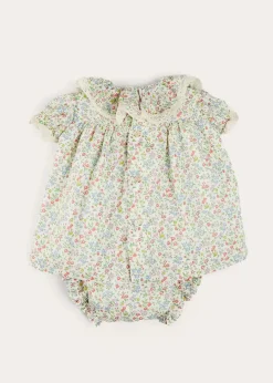 Pepa London Cordelia Floral Ruffle Collar Short Sleeve Dress in Green Made with Liberty Fabric (1-12m)