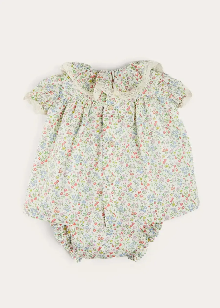 Pepa London Cordelia Floral Ruffle Collar Short Sleeve Dress in Green Made with Liberty Fabric (1-12m)