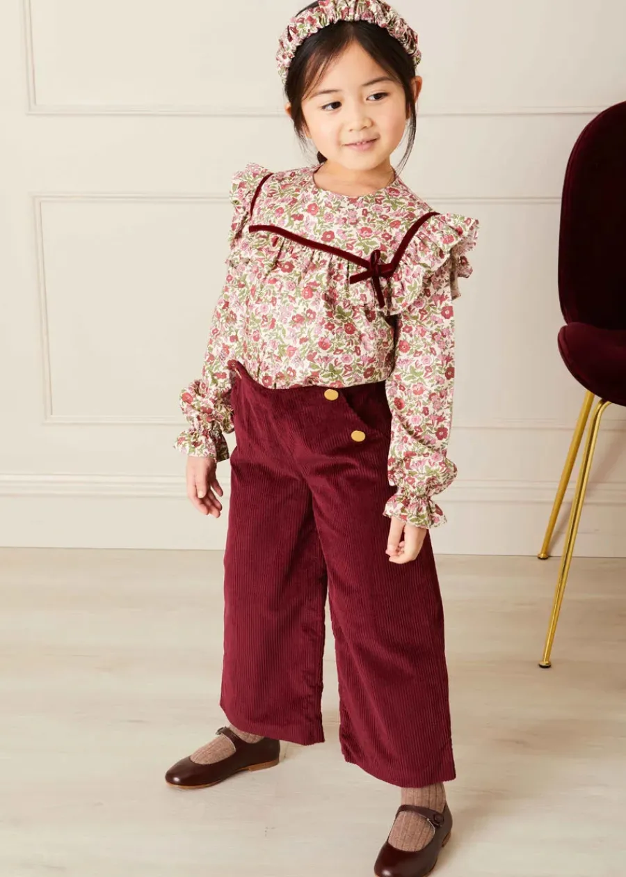 Pepa London Corduroy Wide Leg Gold Button Trousers in Burgundy (4-10yrs)